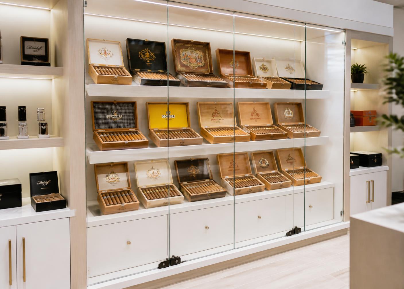 Premium cigars displayed in a clean, brightly lit glass cigar case at Perfecto Lounge